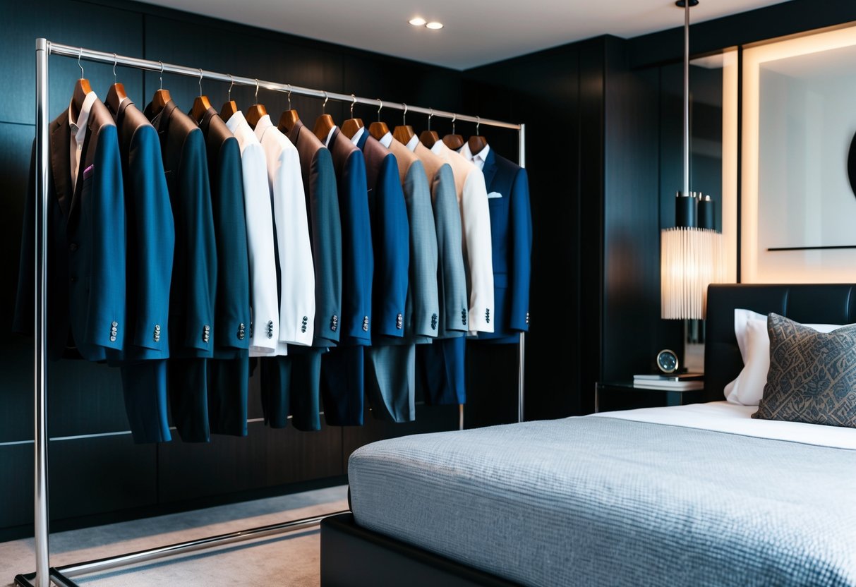 A sleek, modern bedroom with a row of dapper suits hanging on a stylish clothing rack, surrounded by masculine decor and furnishings