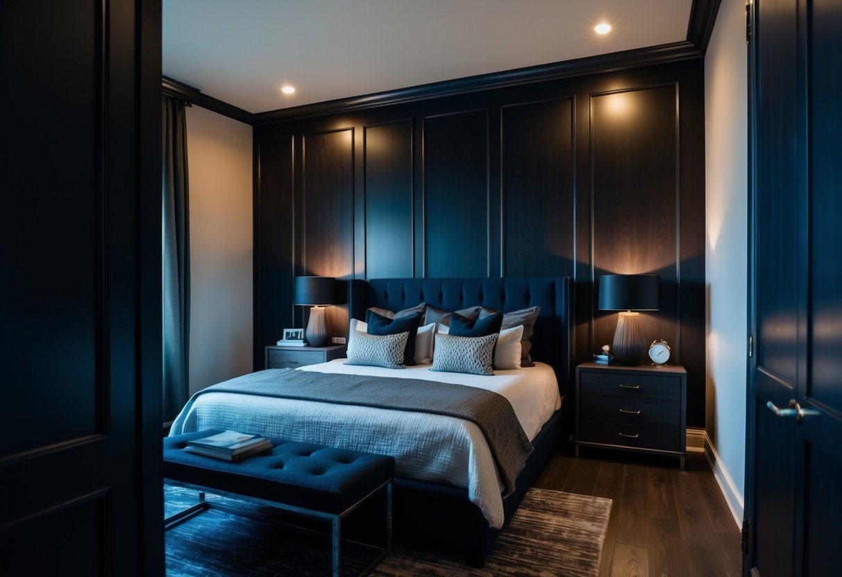 A dimly lit bedroom with dark wood wall paneling, featuring a masculine decor and furniture suited for a man's space