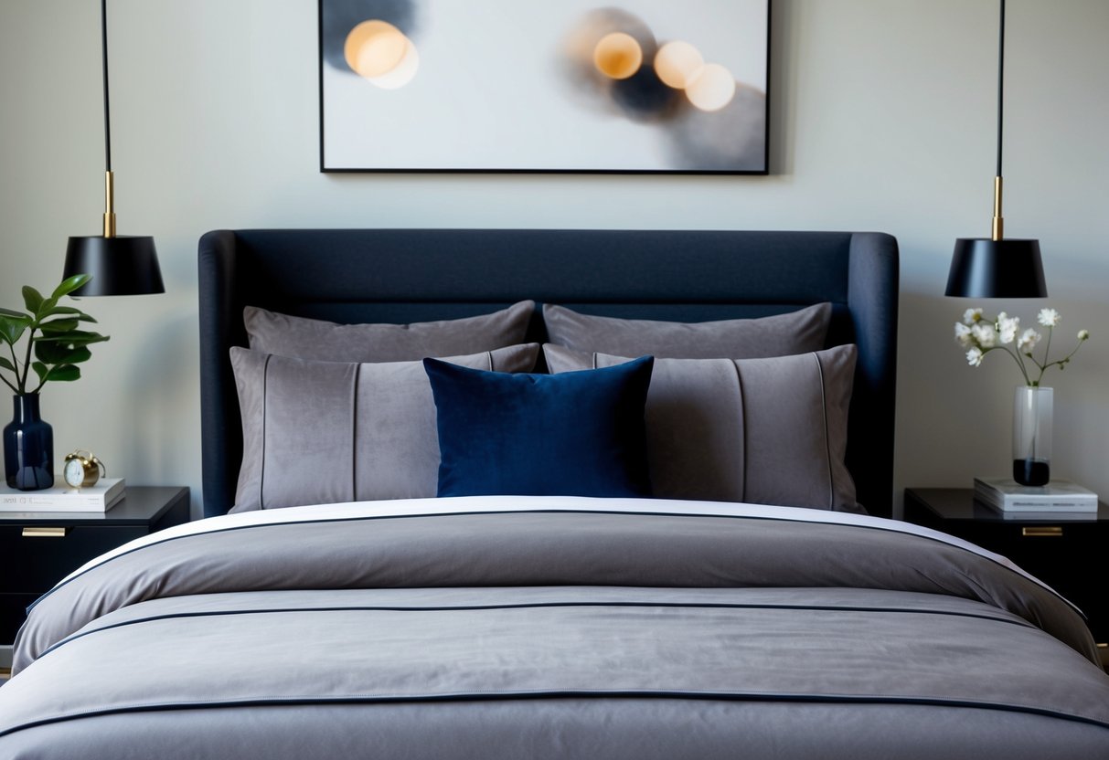 A modern bedroom with a sleek suede bedding set in shades of grey and navy, featuring clean lines and minimalist decor