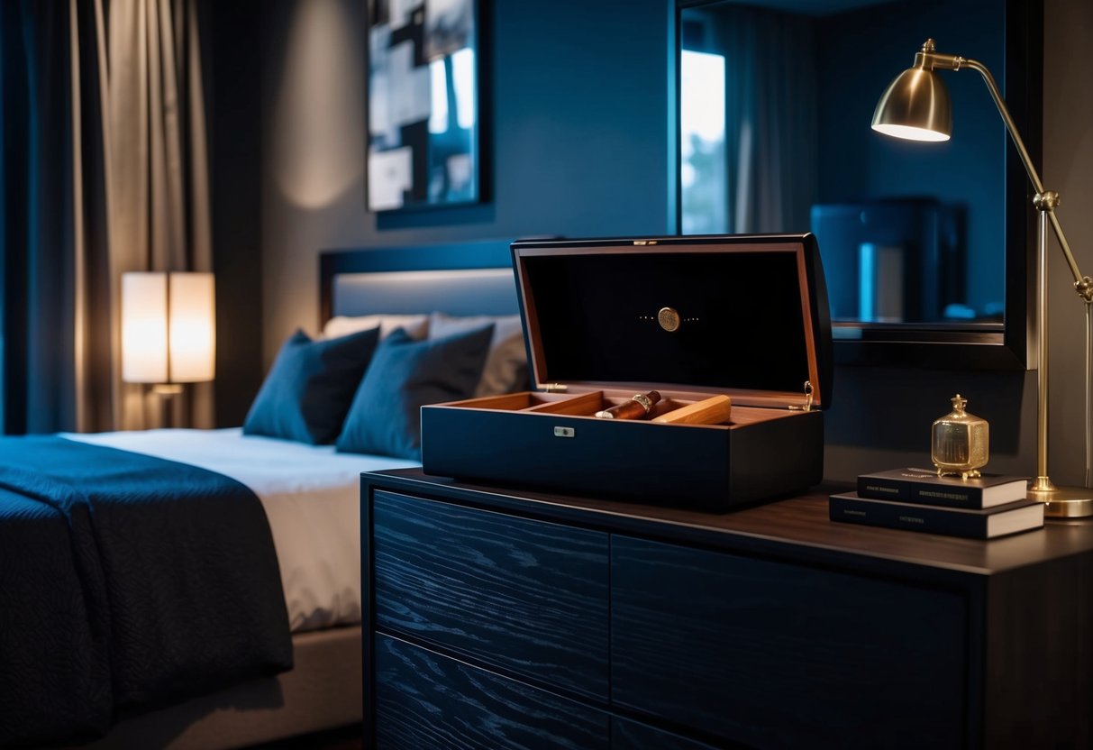 A sleek, modern cigar humidor sits on a dark wood dresser in a dimly lit bedroom, surrounded by masculine decor and moody lighting