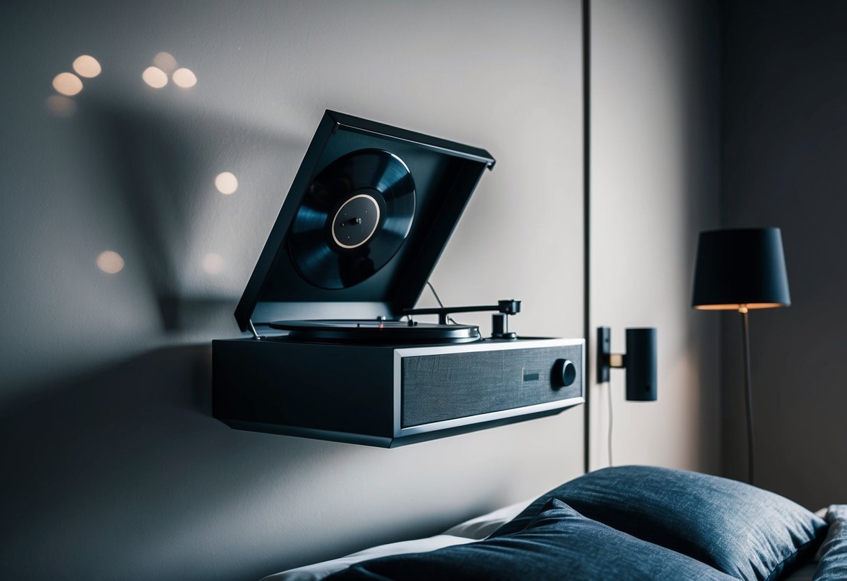 A sleek wall-mounted record player in a modern, minimalist bedroom with masculine decor and moody lighting