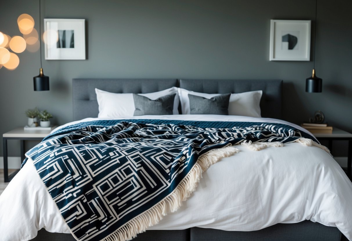 A cozy bedroom with a modern geometric pattern throw blanket draped over a bed, surrounded by minimalist decor and masculine accents