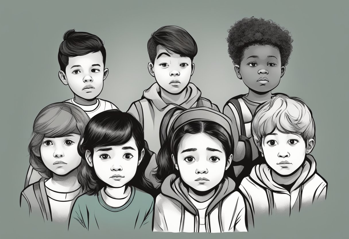 A group of diverse children listening to a serious conversation, with concerned expressions on their faces