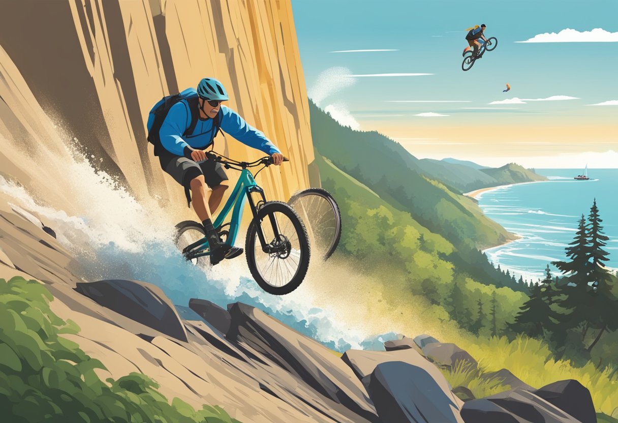 A mountain biker crashes into a rocky trail, while a rock climber falls from a steep cliff. A paraglider struggles to control their descent, and a surfer wipes out in a large wave