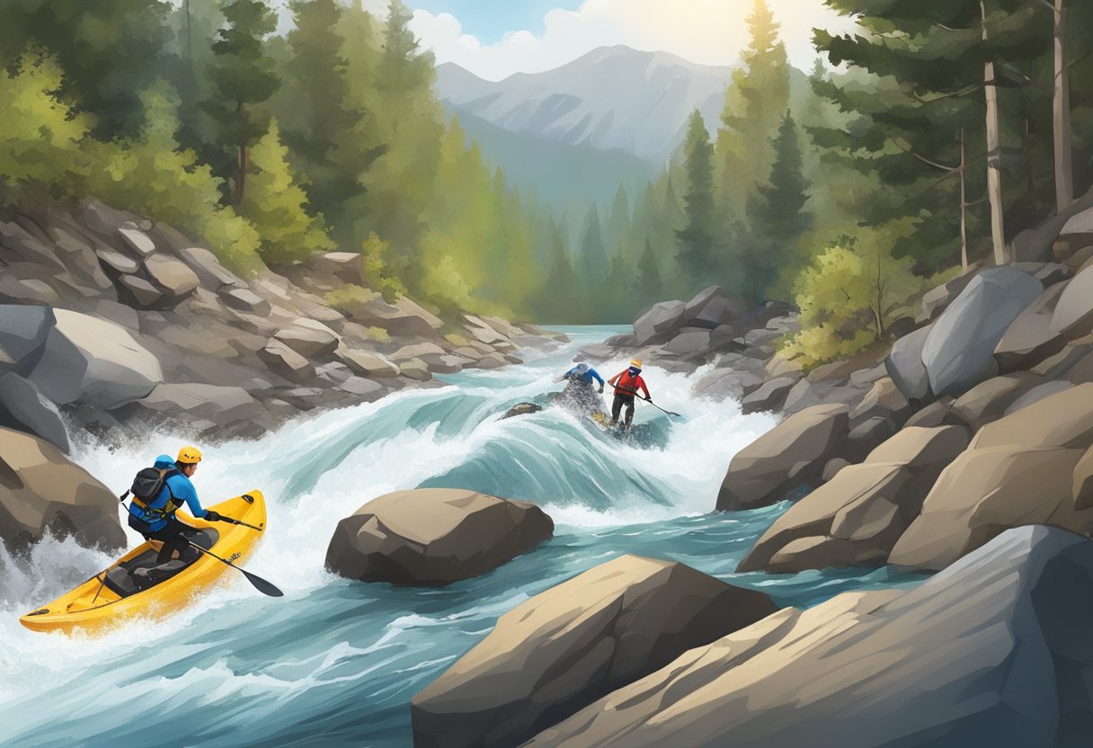 A mountain biker navigating a rocky trail, a rock climber scaling a steep cliff, and a kayaker maneuvering through whitewater rapids