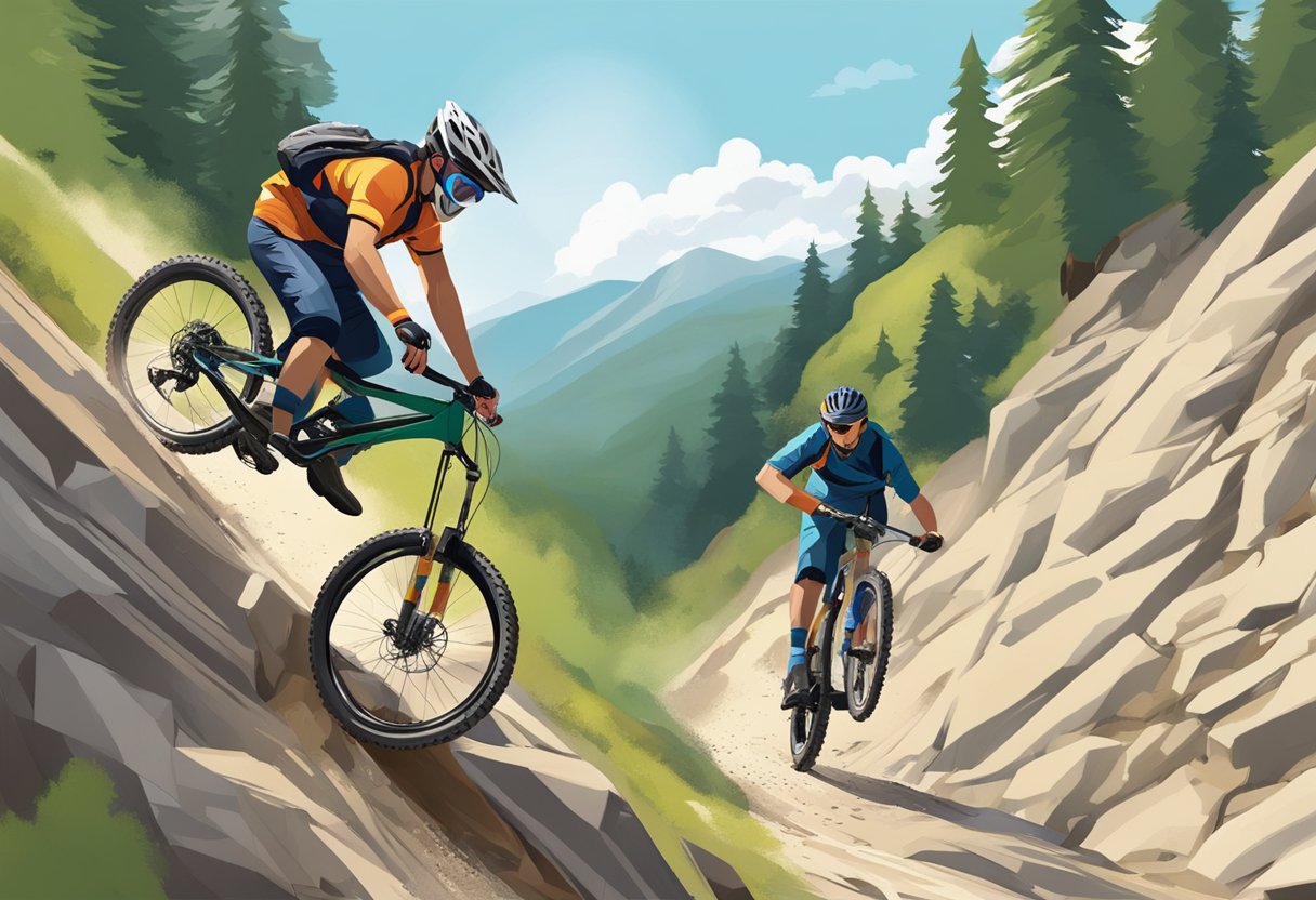 A mountain biker crashes into a rocky trail, sending their bike flying as they tumble down a steep slope