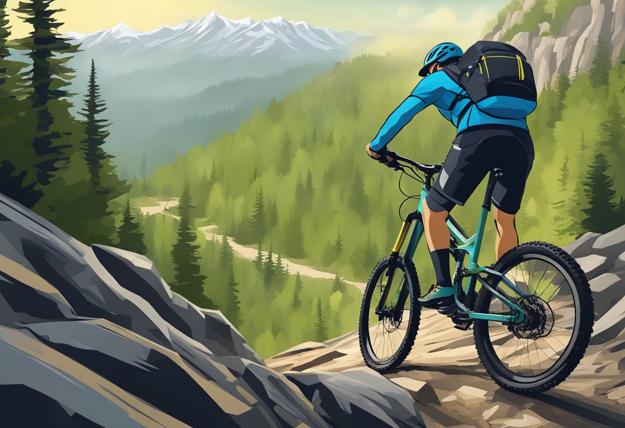 A mountain biker navigating a rocky trail with a steep drop-off, surrounded by dense forest and jagged peaks in the distance