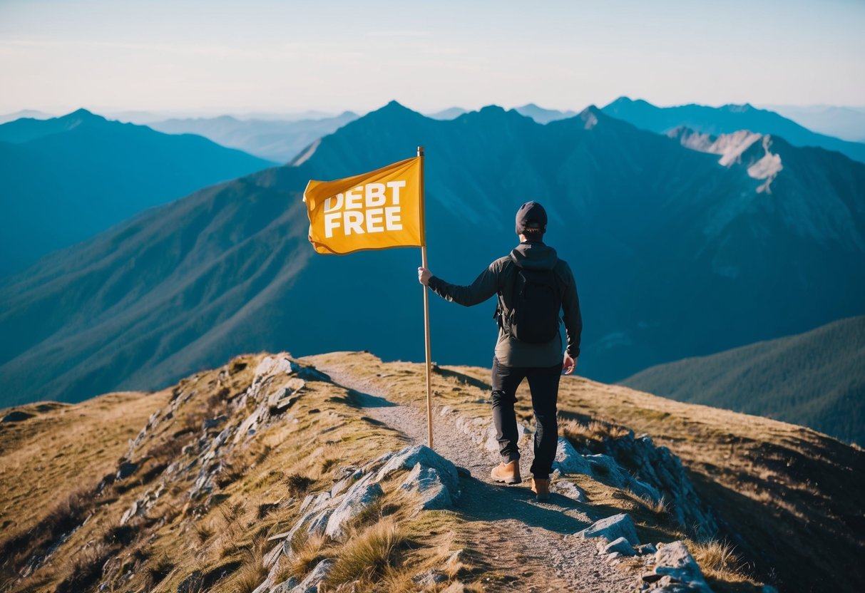 A man standing on top of a mountain, holding a flag with the words debt free as he looks out at a clear path ahead