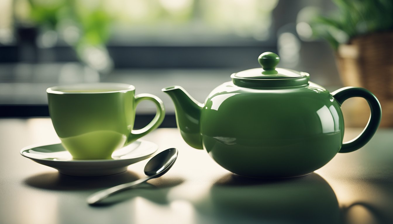 The teapot steams beside a cup of Sencha green tea, loose leaves, and a spoon on the kitchen counter