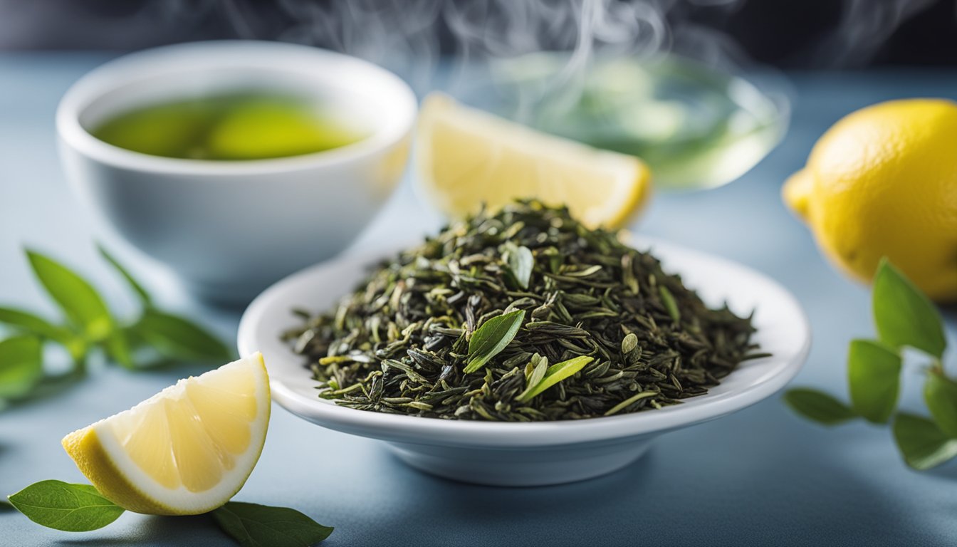 Steaming Sencha green tea, with fresh leaves and lemon, exudes delicate color and aroma