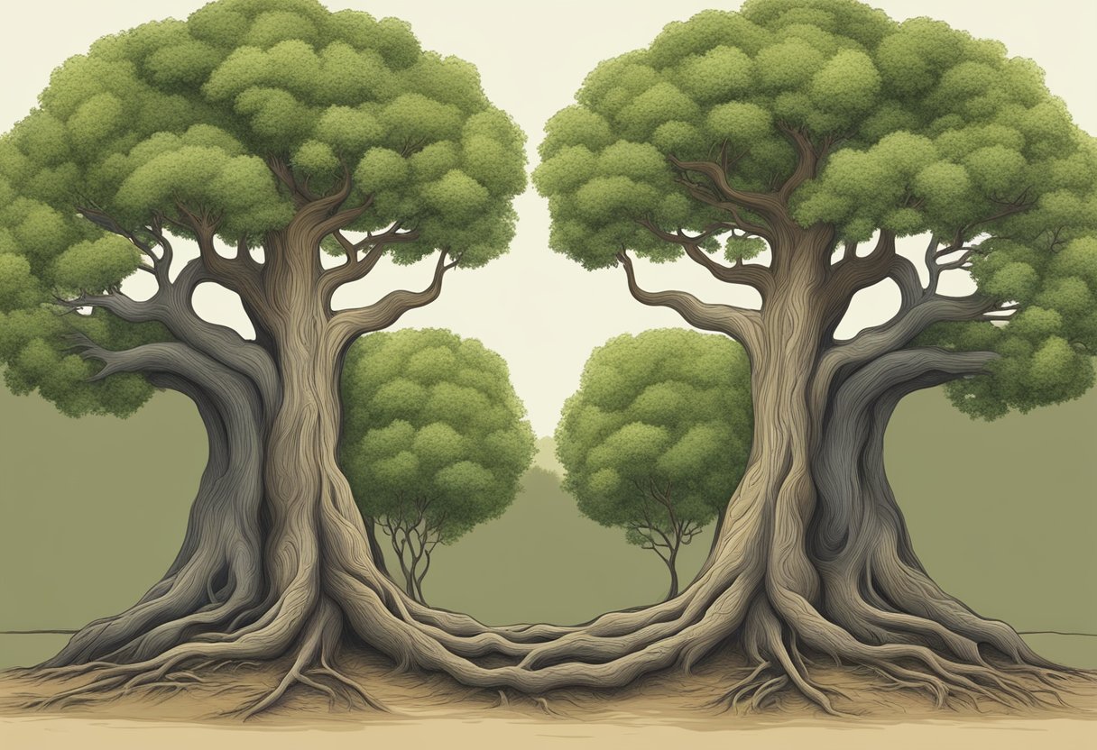 Two trees with intertwined roots, growing side by side, their branches reaching toward each other in a display of mutual support and connection