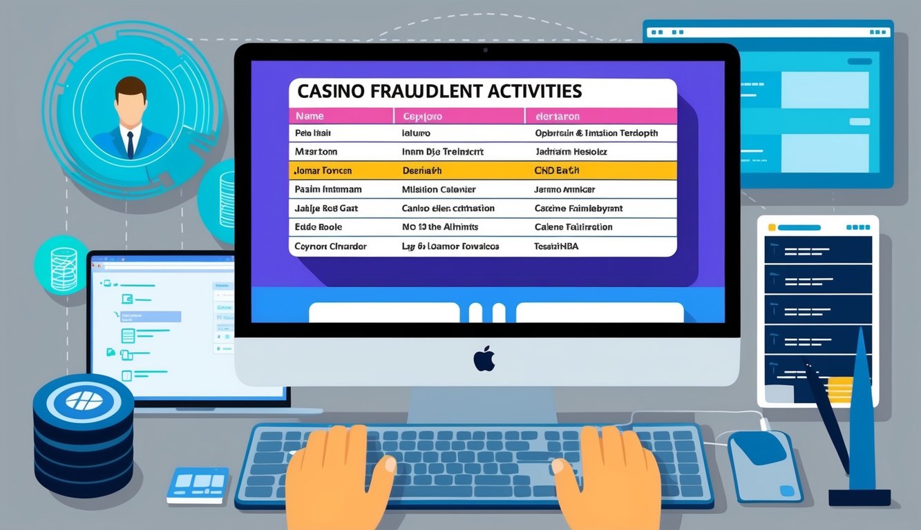 一個電腦螢幕顯示著標題為「賭場詐騙活動」的名字列表，背景有各種技術工具和軟體應用程式