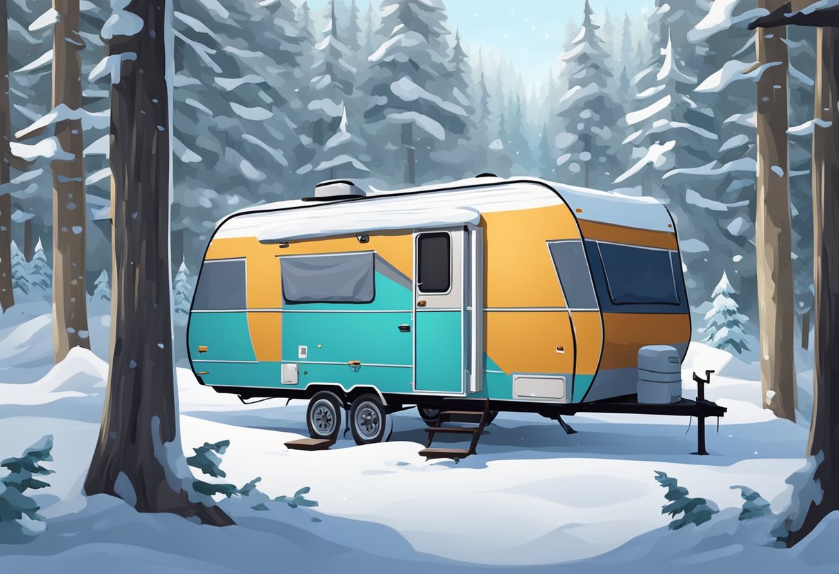 A travel trailer parked in a snowy forest, covered with a tarp and tied down to protect it from the cold weather