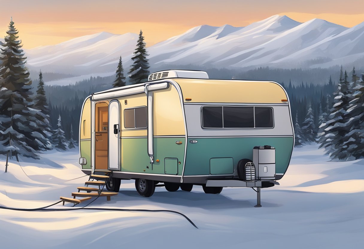 A travel trailer parked in a snowy landscape with electrical cords and appliances being disconnected and prepared for winter