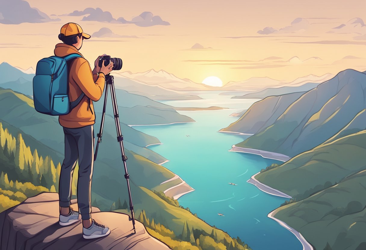 A traveler standing on a cliff overlooking a stunning landscape, taking photos with a professional camera and posting on social media