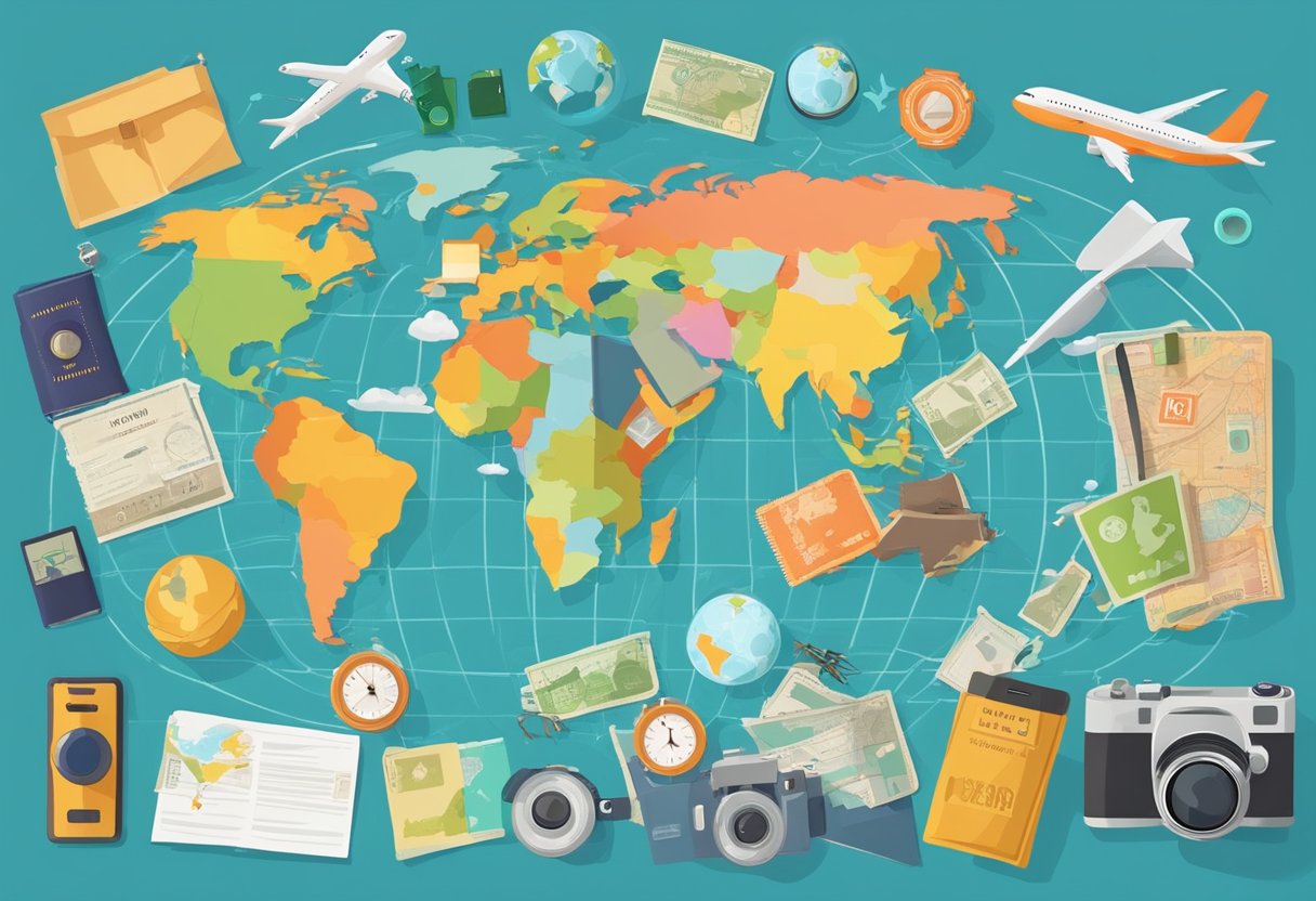 A colorful world map surrounded by travel-related objects like a camera, passport, and airplane tickets, with a globe in the background