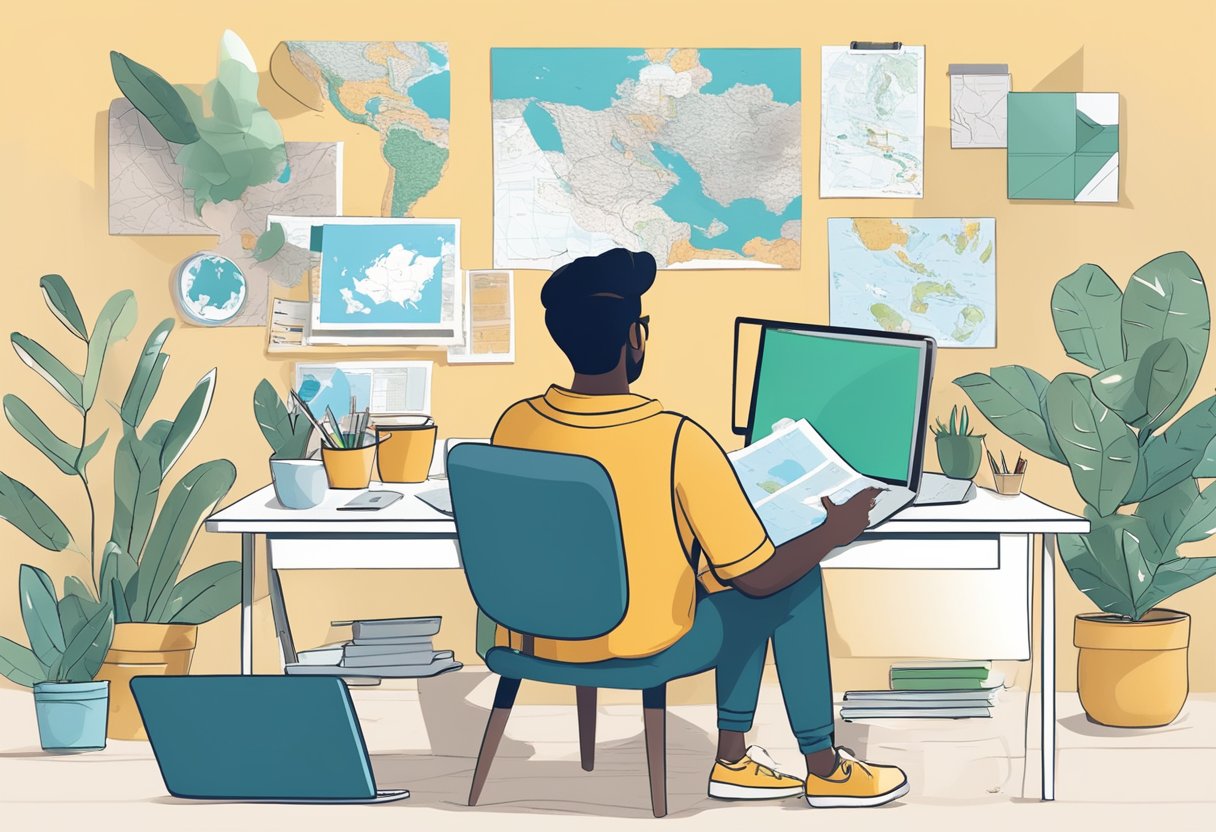 A travel influencer sitting at a desk, surrounded by maps, travel guides, and a laptop. They are researching and brainstorming ideas for monetization and partnership opportunities