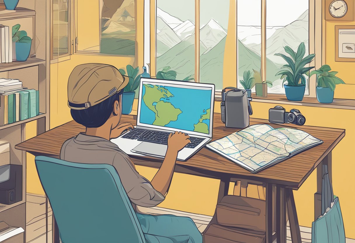 A person researching travel destinations with a map, camera, and laptop open on a desk