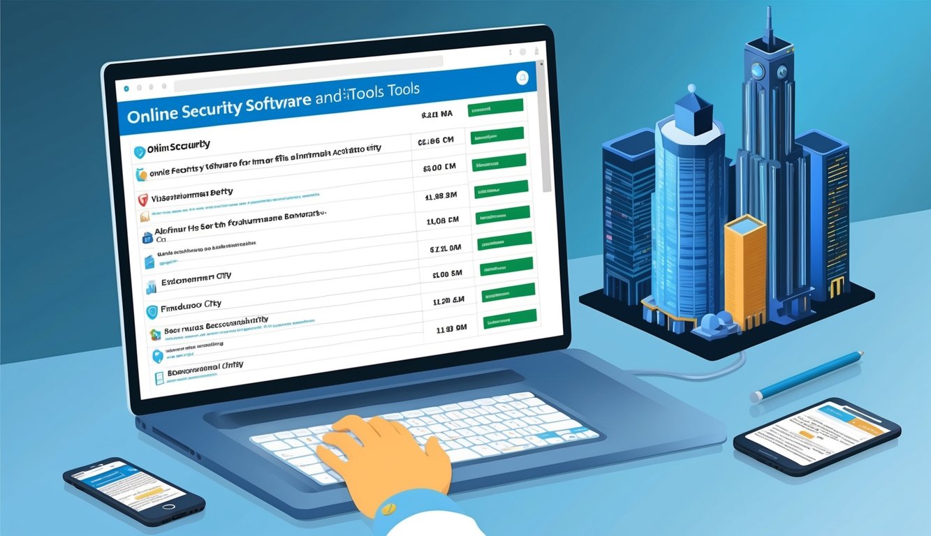 一個電腦螢幕顯示了一份在線安全軟體和工具的清單，以及一份與娛樂城市相關的詐騙活動清單