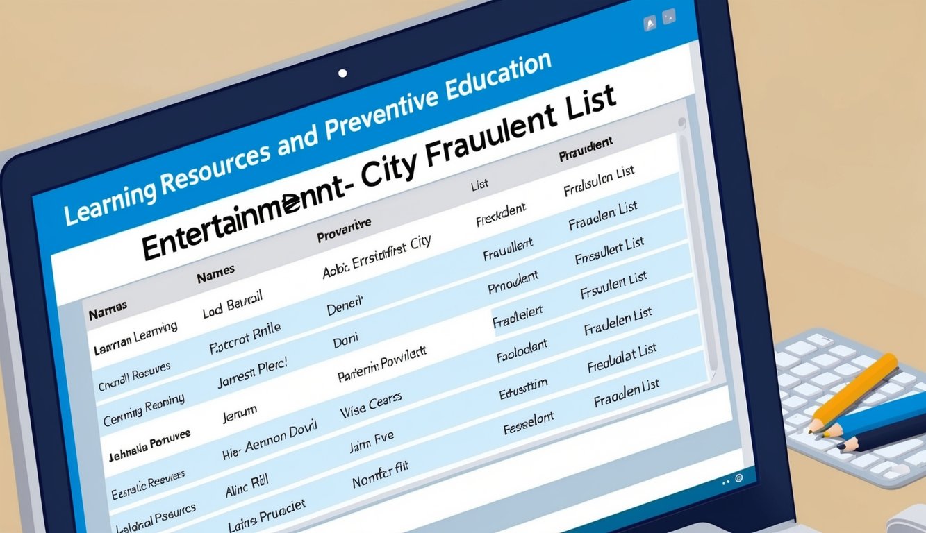 電腦螢幕顯示一個在標題為「學習資源與預防教育娛樂城市詐騙名單」下的詐騙姓名列表。