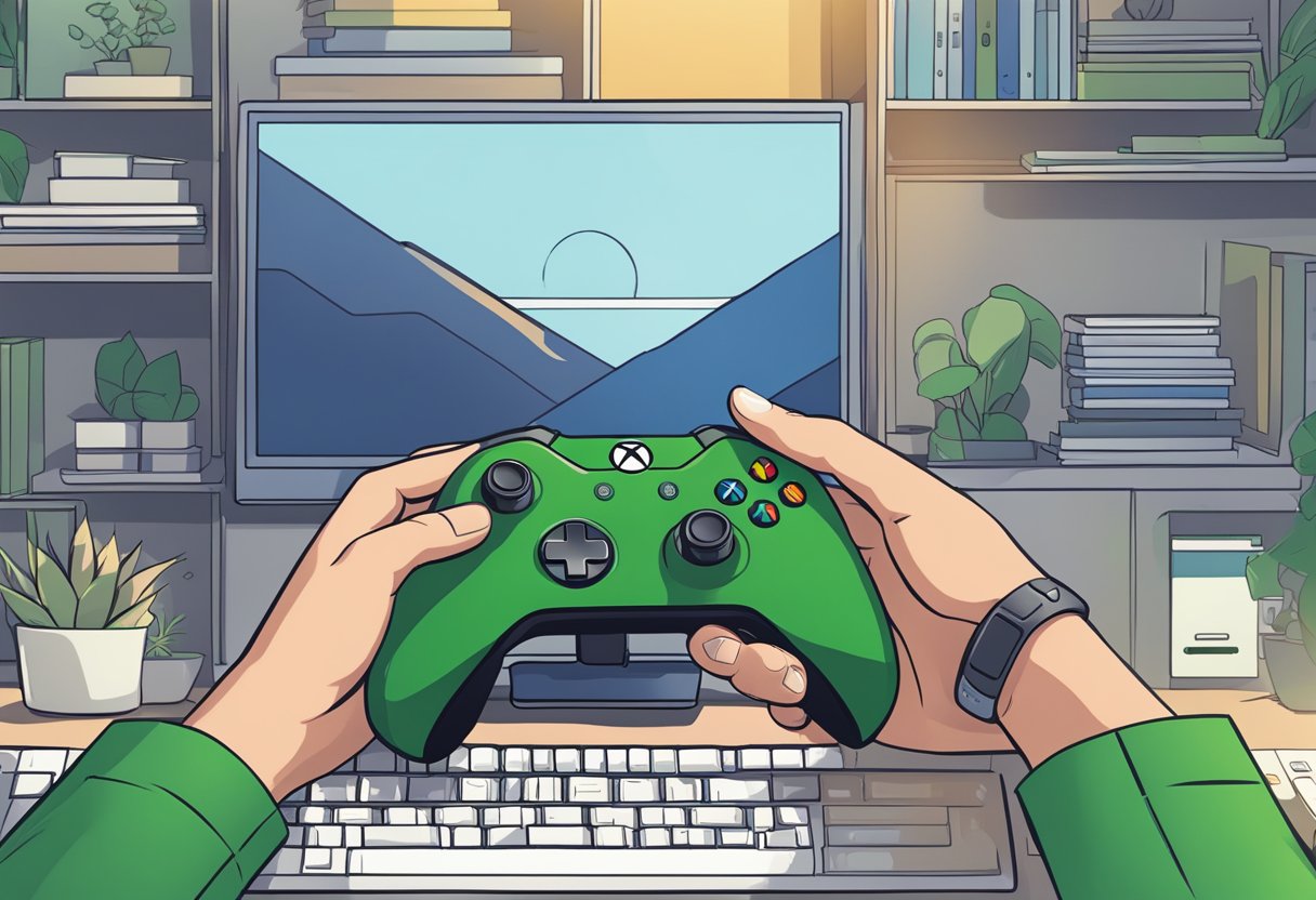 A hand reaching for a game controller, with a computer screen showing the Xbox Game Pass subscription page and a mouse hovering over the "Cancel Subscription" button