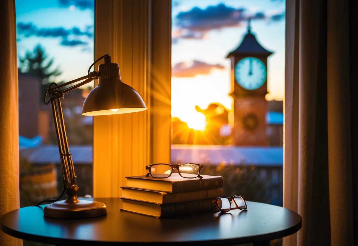 A cozy reading nook with a warm lamp, a stack of books, and a pair of glasses on a table. Outside, the sun sets behind a clock showing the time change