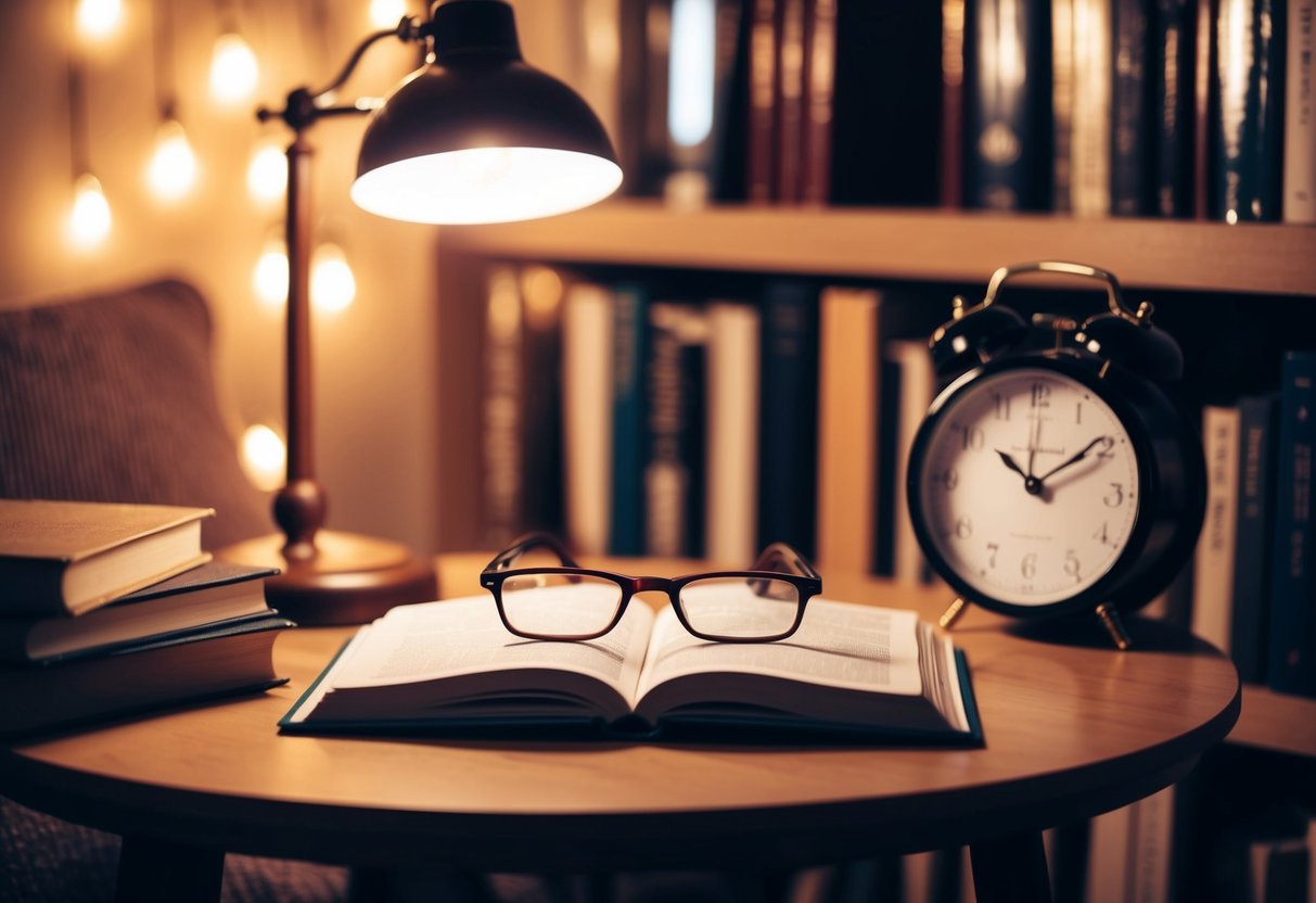 A cozy reading nook with a warm lamp and a pair of glasses on a table, surrounded by books and a clock showing the time change