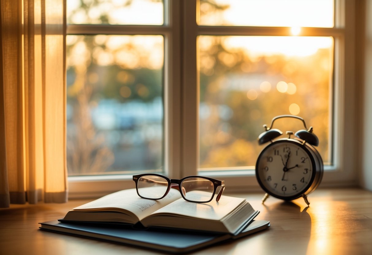 A cozy reading nook with warm, natural light streaming in through a window, a pair of glasses resting on a book, and a clock showing the time change