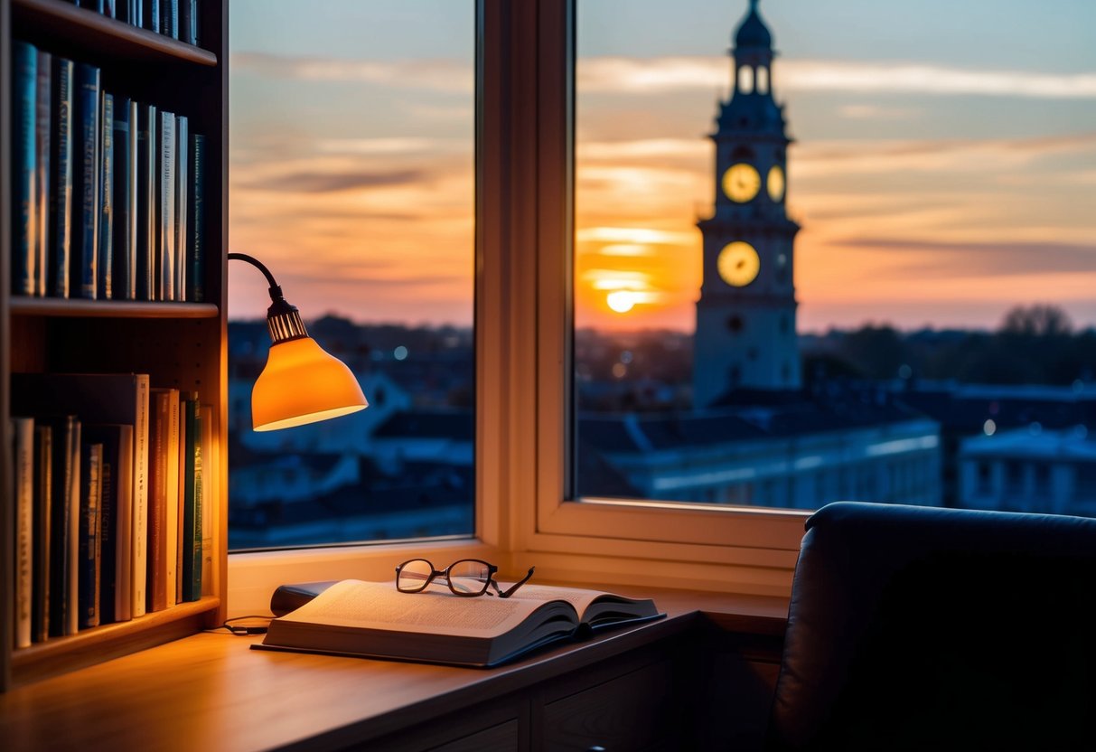 A cozy reading nook with a warm lamp, a pair of glasses, and a bookshelf filled with well-loved books. Outside, the sun sets behind the silhouette of a clock tower