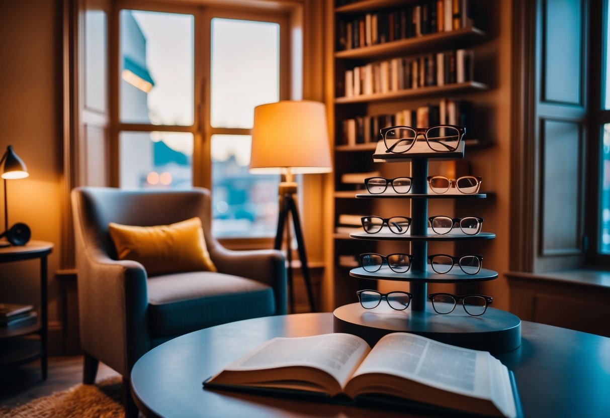 A cozy reading nook with warm lighting, a comfortable chair, and a variety of stylish eyewear options displayed on a table