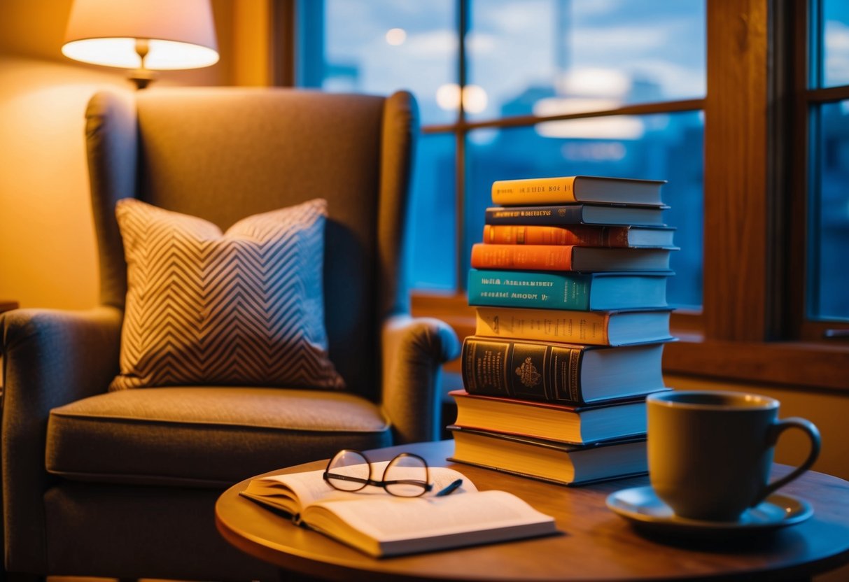 A cozy reading nook with a comfortable chair, warm lighting, and a stack of books. A pair of glasses and a mug of tea sit on a nearby table