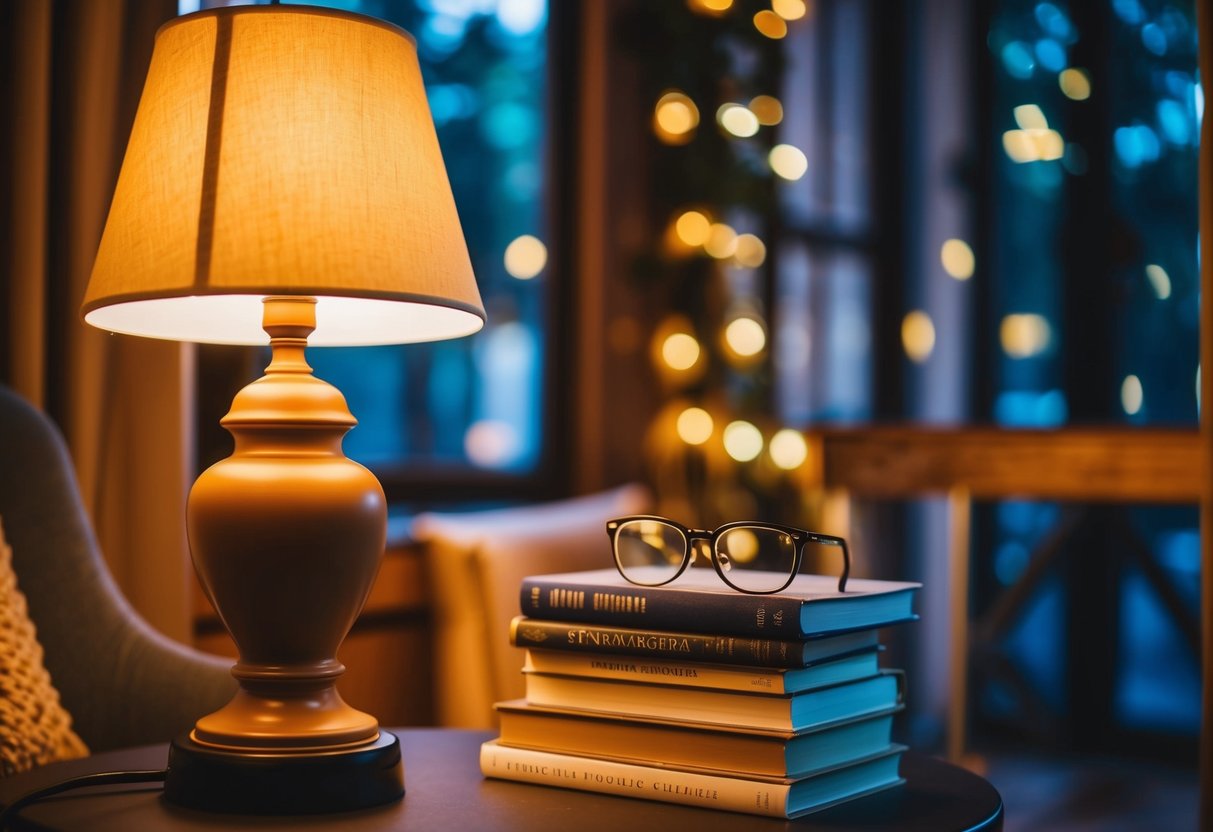 A cozy reading nook with a warm lamp, comfortable chair, and a pair of stylish eyeglasses on a table, surrounded by a stack of books and a tranquil atmosphere