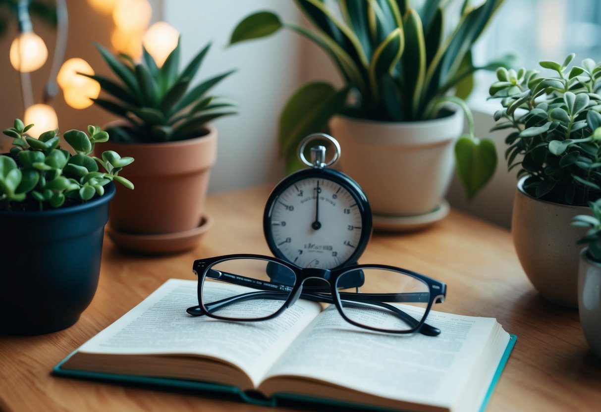 A cozy reading nook with a pair of glasses, a book, and a timer set for eye exercises, surrounded by plants and soft lighting