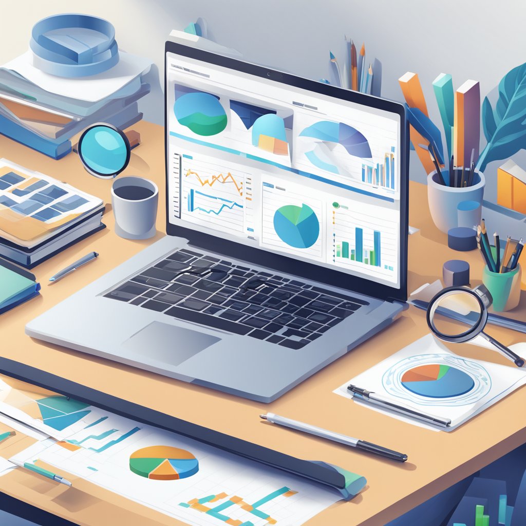 An office desk with a laptop, notebook, and pen, surrounded by charts and graphs. A magnifying glass hovers over the laptop screen, symbolizing an SEO audit