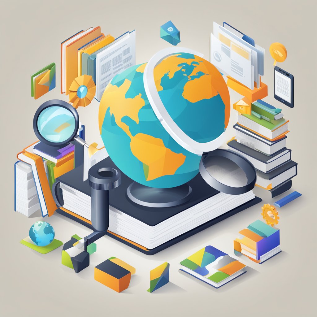 A stack of open books with magnifying glass, computer, and a globe surrounded by various marketing and SEO-related icons and symbols