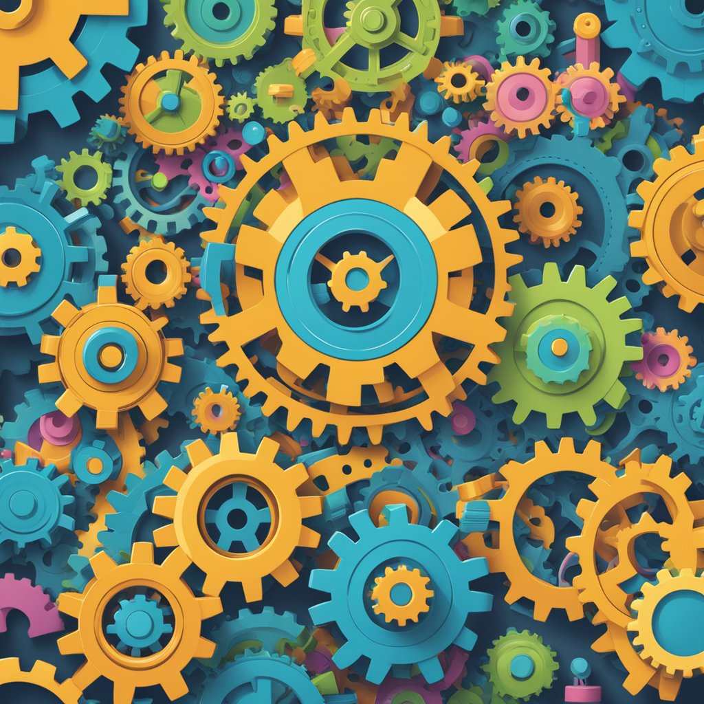 A vibrant network of interconnected gears and cogs, symbolizing the complex and efficient strategies of b2b content marketing for lead generation