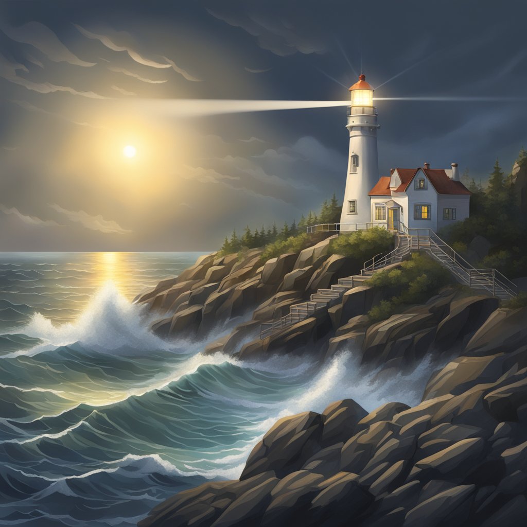 A lighthouse beaming light onto a rocky shore, guiding ships safely through the darkness