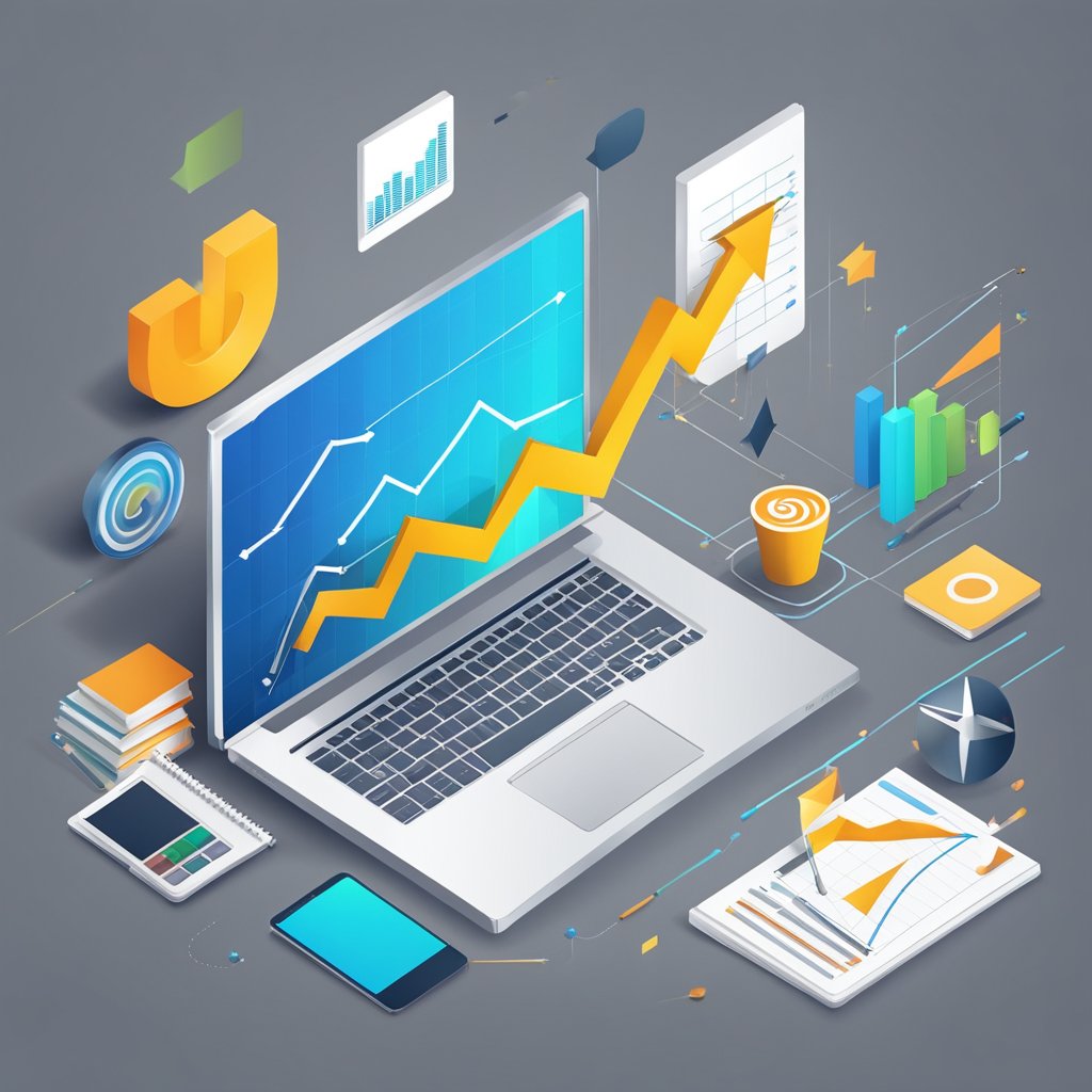 A dynamic graph showing a steep upward trend, with arrows pointing upward, surrounded by various marketing elements such as a laptop, pen, and paper