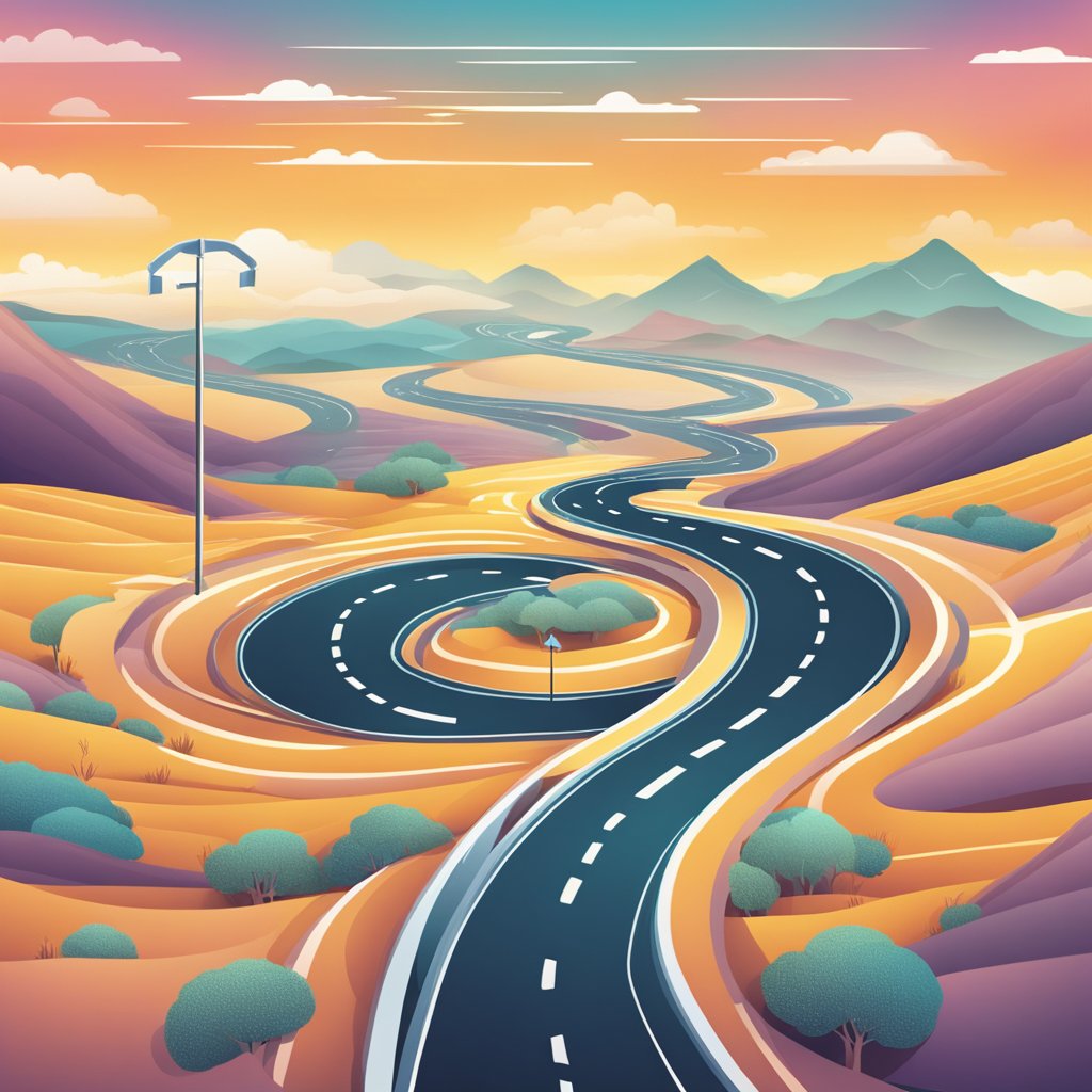 A winding road with signposts labeled "b2b content marketing strategy services" leading to a bright horizon