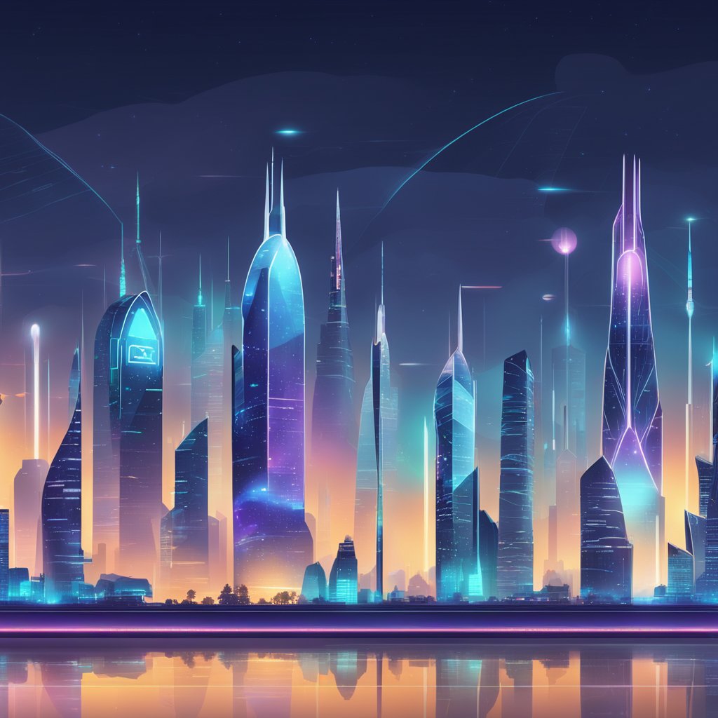 A futuristic city skyline with glowing digital billboards promoting b2b content marketing services. A network of high-tech communication towers looms in the background