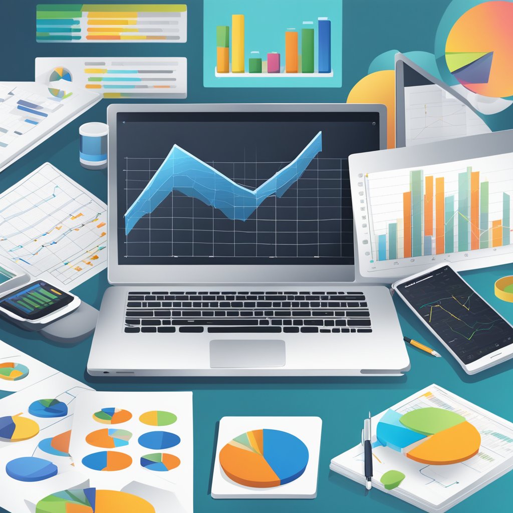 A laptop, smartphone, and tablet arranged on a desk with a notepad and pen, surrounded by charts and graphs