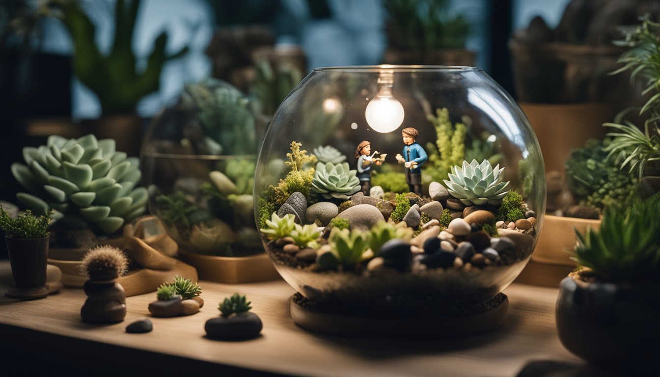 An illustrator arranges a terrarium with Haworthia and Echeveria, stones, shells, and figurines, capturing the creative process in low light