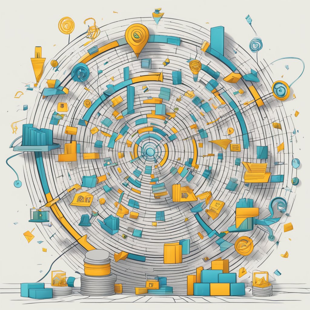 A tangled web of content and sales funnel symbols, with clear pathways emerging from the chaos