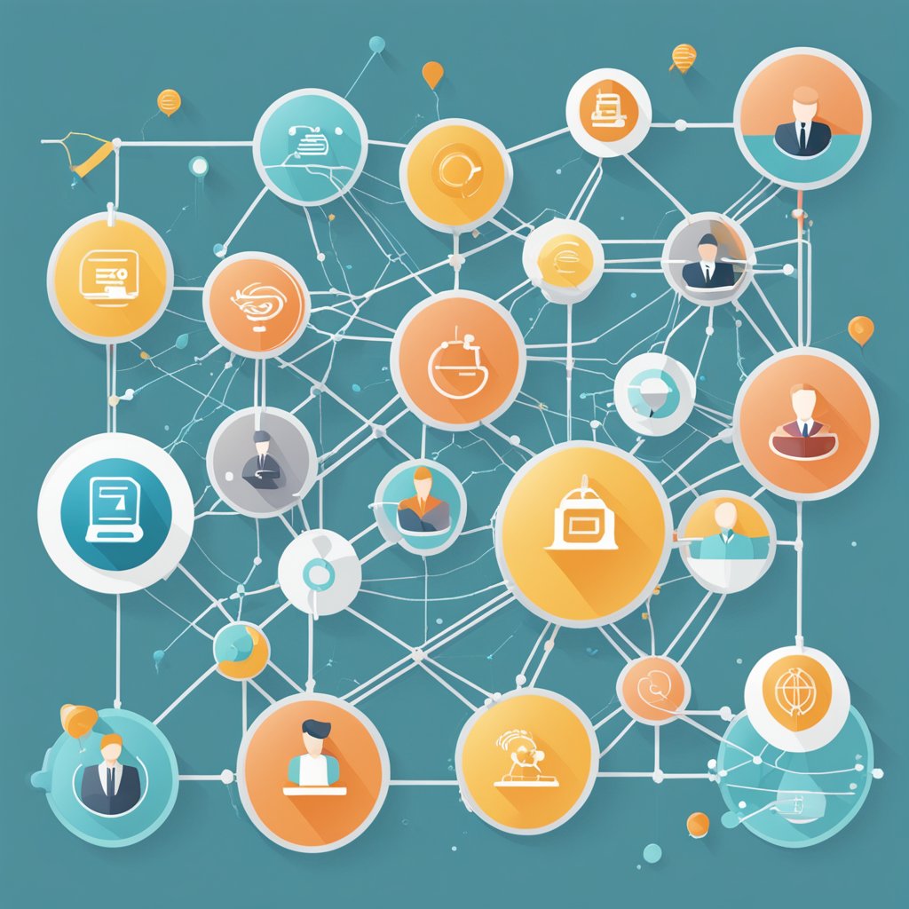 A network of interconnected pathways leading from content creation to sales funnel, symbolizing B2B companies' successful content mapping strategies