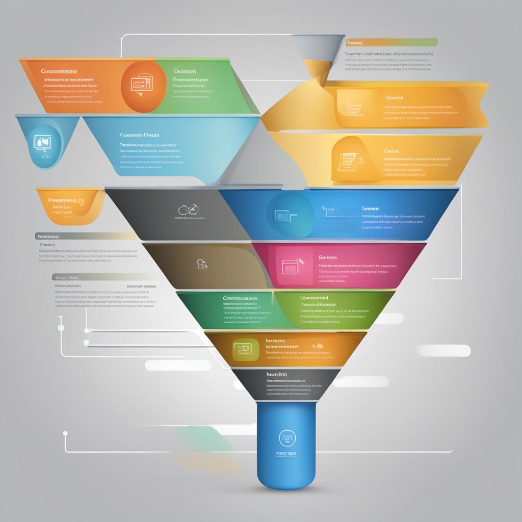 A funnel pouring various content types into a larger funnel, symbolizing the integration of content mapping into the sales funnel