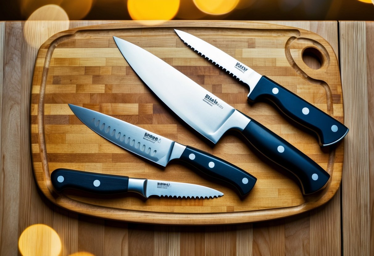 A chef's essential knives laid out on a wooden cutting board, including a chef's knife, paring knife, serrated knife, and utility knife