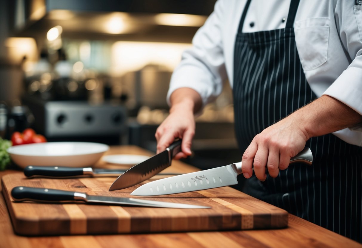 A chef's hand selecting quality steel knives on a wooden cutting board