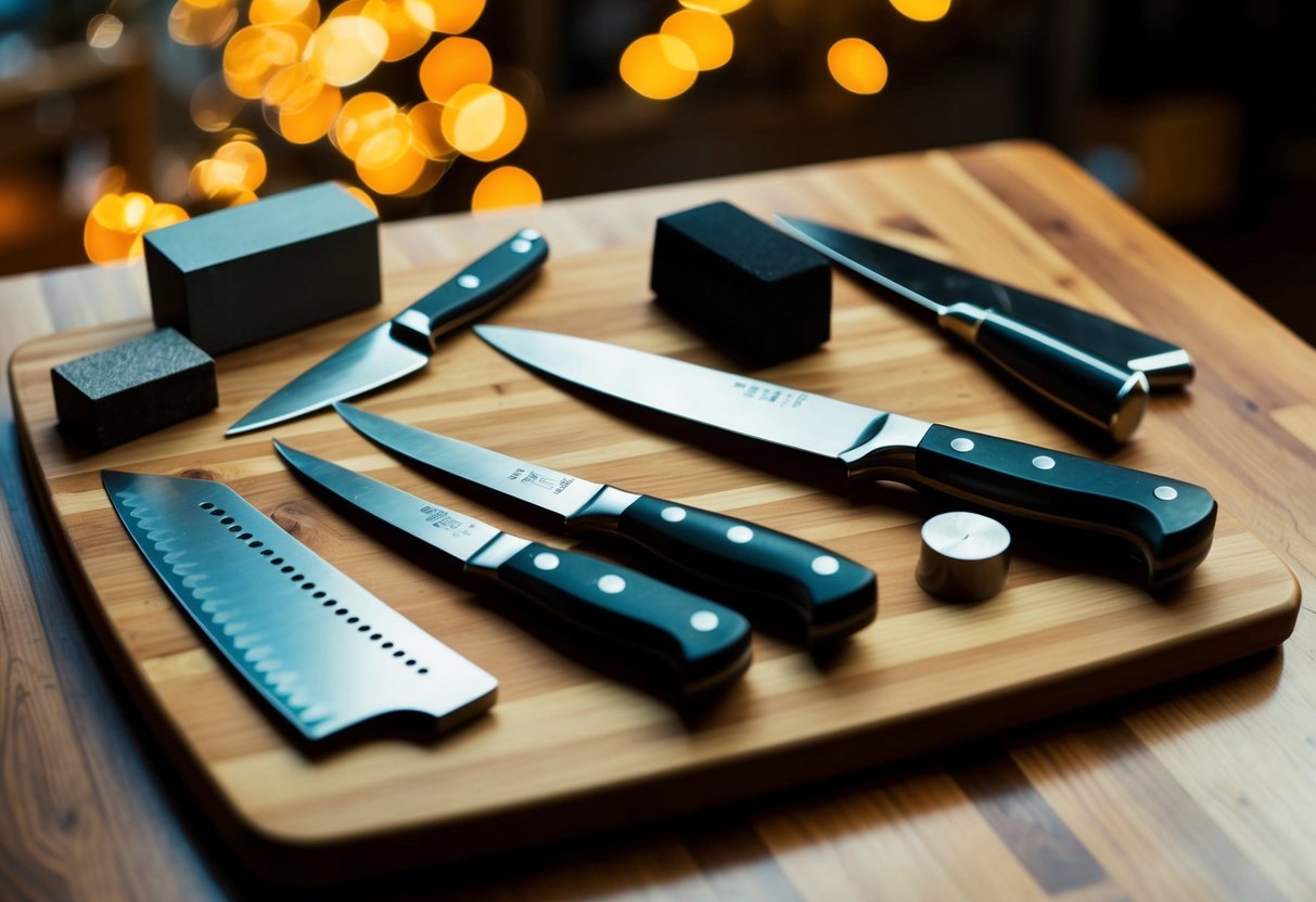 A wooden cutting board with a variety of essential knives laid out, along with a sharpening stone and honing steel nearby