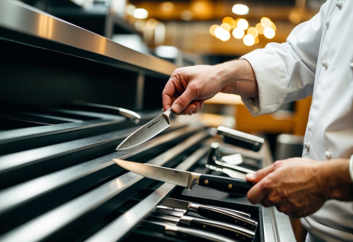 A chef's hand selecting knives from a display, considering size, weight, and handle design for comfort and efficiency