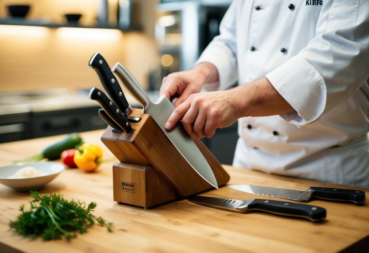 A chef's hand selecting essential knives from a wooden block, demonstrating proper handling and safety techniques